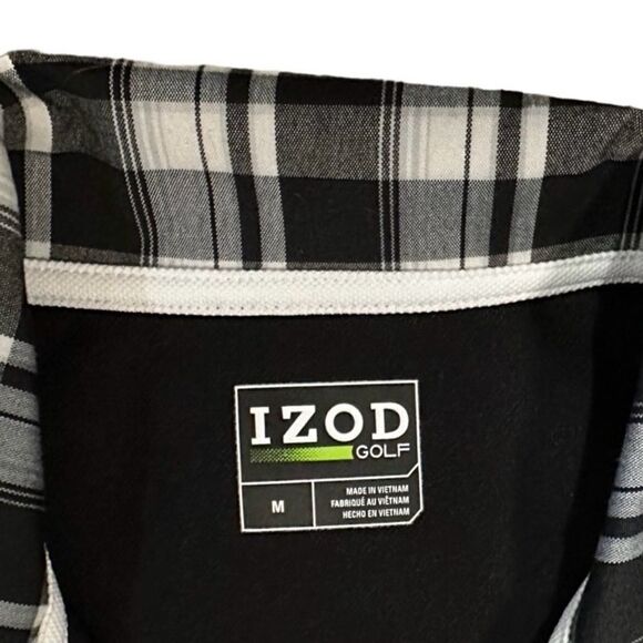 IZOD Golf Black & White Plaid Collar Short Sleeve Fitted Active Top Size Medium - Picture 5 of 10